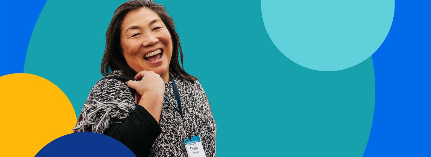 Shelly Nakaishi smiles and laughs at UCSF's Alumni Weekend event.